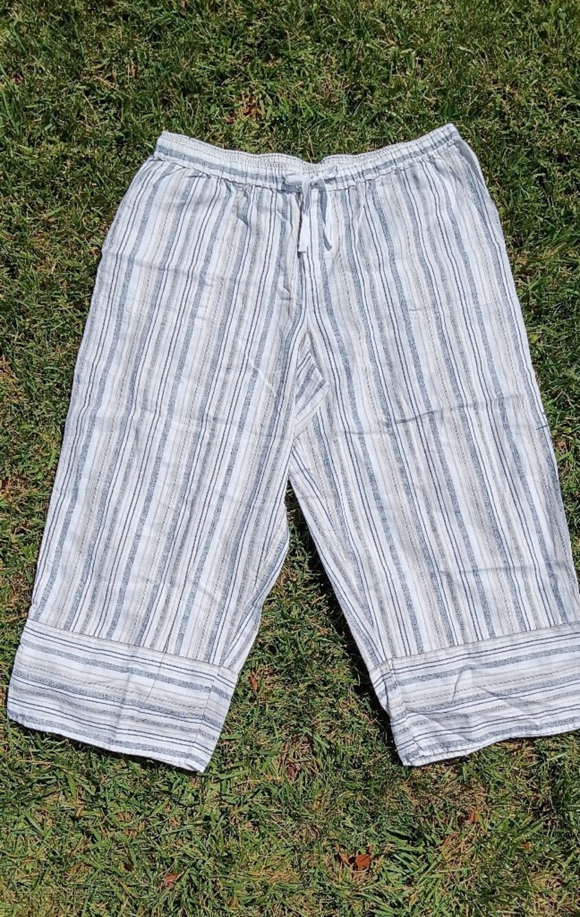 Casa Cabana Linen Blend Striped Cropped Wide Leg Drawstring Beach Pants XL